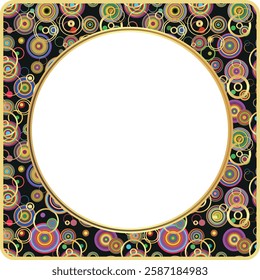Vector colorful frame with rounded corners and geometric pattern of concentric multicolored circles with gold leaf and a round hole in the center for your text. Transparent background