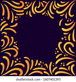Vector colorful frame with yellow gold decor on purple background for Carnival. Illustration with monogram for Mardi Gras and Fat Tuesday celebration. Frame for poster, banner, flyer, leaflet EPS 10