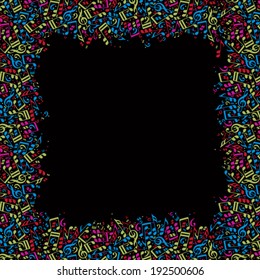 Vector colorful framing with bright musical notes on a black background.