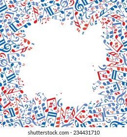 Vector colorful framing with bright musical notes on white background, seamless pattern.