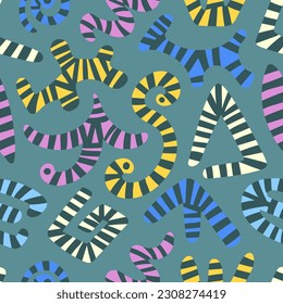 vector colorful freeform shapes and stripes seamless pattern on green