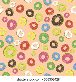 Vector Colorful Fresh Sweet Donuts Seamless Pattern on Orange Background. 
