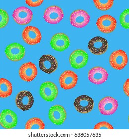Vector Colorful Fresh Sweet Donuts Seamless Pattern on Blue Background. Delicious Tasty Glazed Donut. Cream Yummy Cookie.