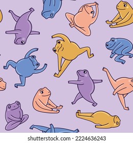 Vector colorful frogs seamless pattern design. Sport and yoga repeat background in cartoon style. Funny animal print.