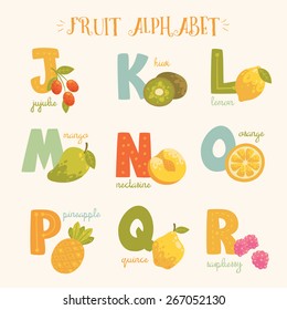 Vector colorful fruit alphabet. J, k, l, m, n, o, p, q, r letters. Jujube, kiwi, lemon, mango, nectarine, orange, pineapple, quince, raspberry in bright colors.