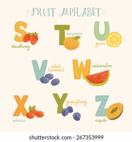 Vector colorful fruit alphabet. S, t, u, v, w, x, y, z letters. Strawberry, tangerine, yuzu, velvet tamarind, watermelon, ximenia, youngberry, zapote in bright colors.