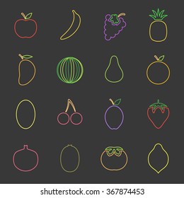 Vector colorful fruit icons. Apple, banana, grapes, pineapple, mango, watermelon, pear, orange, melon, cherry, plum, strawberry, pomegranate, kiwi, persimmon, lemon.