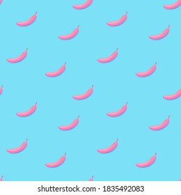 Vector colorful fruit pattern of fresh pink bananas on blue background. From top view. Seamless background of colorful bananas composed in glowing light.