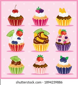 Vector Colorful Fruit Sweet Yummy Cup Cakes Set