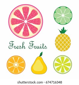 Vector colorful fruits on white background with sign. Ripe stylish grapefruit, pear, lime, lemon, orange, pineapple