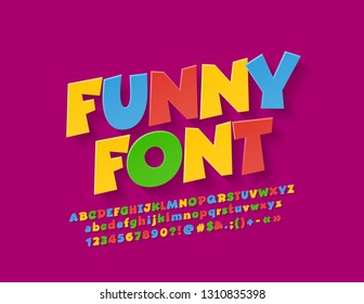 Vector colorful funny Font for Children. Rotated playful Alphabet Letters, Numbers and Symbols.