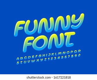 Vector Colorful Funny Font for Children. Rotated Glossy Alphabet Letters and Numbers.