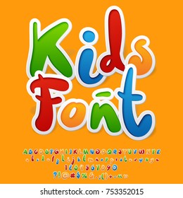 Vector colorful funny unusual Kids Font. Hand written Alphabet letters, Numbers and Punctuation Symbols