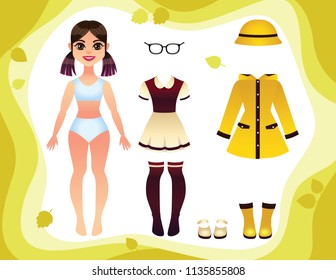 Vector colorful game for girls with cute paper doll and clothes. Set of autumn wardrobe for girl isolated from white background. Template design for small girl's book