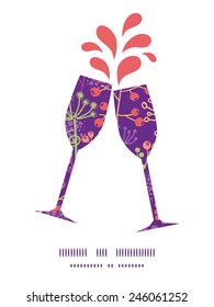 Vector colorful garden plants toasting wine glasses silhouettes pattern frame