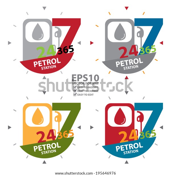 Vector : Colorful\
Gasoline Station or Petrol Station Sign With 24 Hours A Day, 7 Days\
A Week, 365 Days A Year Petrol Station Label, Sign or Icon Isolated\
on White Background 