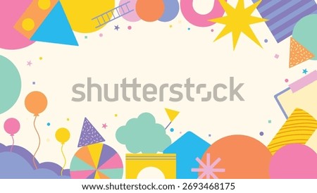 Vector colorful geometric background with balloons, stars, shapes, and playful design for kids and students