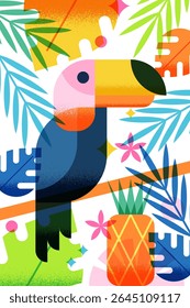 Vector colorful geometric illustration of summer beach, toucan bird, pineapple and tropical palm leaves frame. Trendy design elements for graphic print, banner, poster, invitation, greeting card