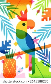 Vector colorful geometric illustration of summer beach, parrot cockatoo bird, pineapple, tropical palm leaves frame. Trendy design elements for graphic print, banner, poster, invitation, greeting card
