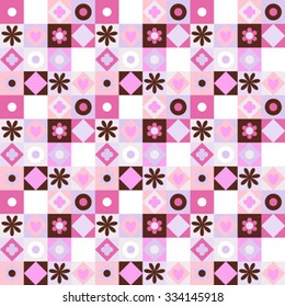 Vector colorful geometric pattern with small shapes, circles, dots, triangles, hearts, flowers. Seamless background in quilting and patchwork style. Ethnic texture with pink brown color blocks.
