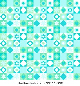 Vector colorful geometric pattern with small shapes, circles, dots, triangles, hearts, flowers. Seamless background in quilting and patchwork style. Ethnic texture with aqua blue color blocks.