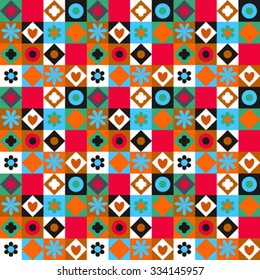 Vector colorful geometric pattern with small shapes, circles, dots, triangles, hearts, flowers. Seamless background in quilting and patchwork style. Ethnic texture with red blue orange color blocks.