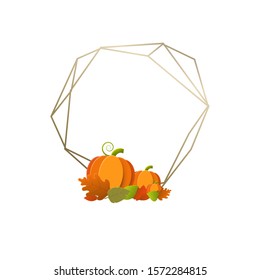 Vector colorful geometric  poligonal frame with pumpkin and  autumn leaf illustration in flat style isolated on a white background.Botanical collection