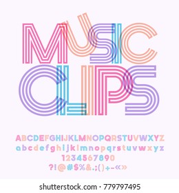 Vector colorful geometric poster Music Clips. Set of cool tube Alphabet letters, Numbers and Symbols