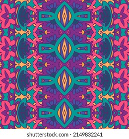 Vector colorful geometric psychedelic art background. Abstract Tribal Indian vintage rhombus textile ethnic seamless pattern ornamental.