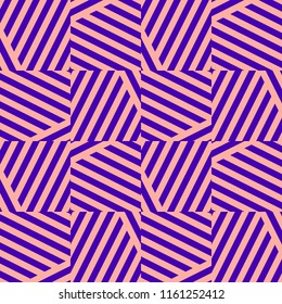 Vector colorful geometric seamless pattern with diagonal stripes, square tiles, cross lines. Bright colors, pink and purple. Creative abstract psychedelic design. Sport style fashionable background