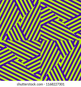 Vector colorful geometric seamless pattern with diagonal stripes, cross lines, triangles. Trendy bright colors, neon green and purple. Creative psychedelic design. Retro 80-90's fashion background 