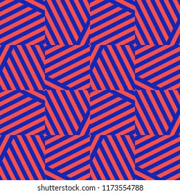 Vector colorful geometric seamless pattern with diagonal stripes, square tiles, cross lines. Trendy bright colors, red and electric blue. Creative psychedelic design. Retro 80-90's fashion background 