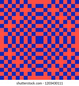 Vector colorful geometric seamless pattern with squares. Checkered texture. Trendy bright colors, red and electric blue. Creative psychedelic design. Retro 80-90's fashion background. Pixel art