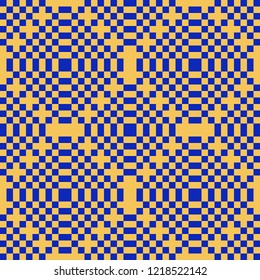 Vector colorful geometric seamless pattern with squares. Repeatable checkered texture. Trendy bright colors, yellow and blue. Creative psychedelic design. Hipster fashion background. Pixel art