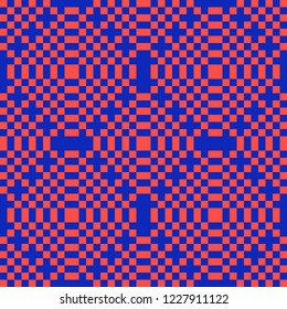 Vector colorful geometric seamless pattern with squares. Stylish checkered texture. Trendy bright colors, red and blue. Creative psychedelic design. Retro 80-90's fashion background. Pixel art