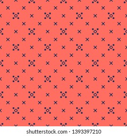 Vector colorful geometric seamless pattern. Simple abstract minimalist texture with small squares, flower silhouettes. Pixel art. Minimal funky background. Coral and dark blue color. Repeat design