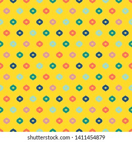 Vector colorful geometric seamless pattern. Simple abstract minimalist texture with small shapes, dots, drops. Minimal funky background. Yellow, green, blue, pink and coral colors. Summer style design