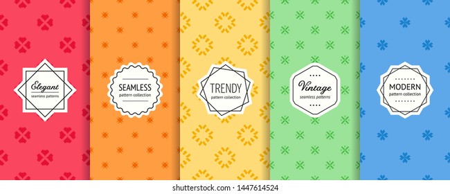 Vector colorful geometric seamless pattern collection. Set of cute minimalist background swatches with elegant labels. Abstract floral textures. Modern design. Red, orange, yellow, green, blue color