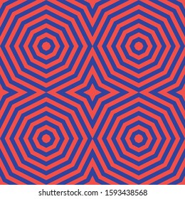 Vector colorful geometric seamless pattern with concentric shapes, stripes, lines, octagons. Trendy bright colors, red and electric blue. Creative psychedelic design. Retro 80-90's style background