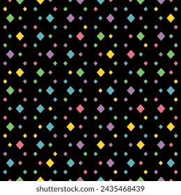 Vector colorful geometric seamless pattern. Cute minimalist abstract background with small rhombuses, diamonds. Rainbow texture design in blue, green, yellow, pink, purple color on black backdrop