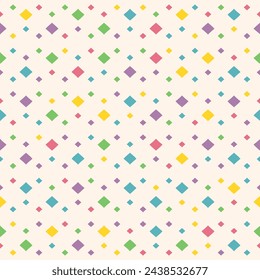 Vector colorful geometric seamless pattern. Cute minimalist abstract background with small rhombuses, diamonds. Rainbow texture in blue, green, yellow, pink, purple and beige color. Design for kids