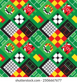 Vector colorful geometric square seamless football soccer elements background texture pattern with pitch flag ball scarf jersey yellow and red card goal and black board with numbers.