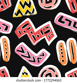 vector colorful geometric and white outlines rough brush stroke seamless pattern on black