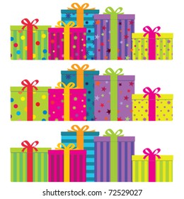 Vector colorful gift boxes with ribbons & bows.  Horizontal arrangement with 3 decoration styles - plain striped (bottom), plain decorated (middle) and a combination of both (top). No gradients.