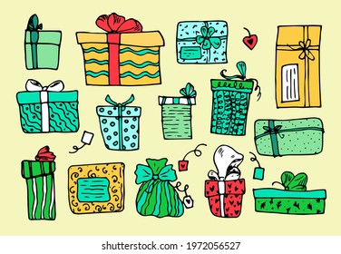 Vector colorful gift boxes, set. Hand-drawn doodle-style Isolated Gift Boxes with ribbons, bows and greeting labels, in bright yellow, green and red colors with black outline and packaging pattern