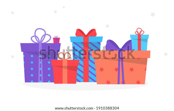 Vector colorful gift\
presents. Gift box set on white background. Holiday presents.\
Vector illustration
