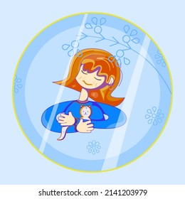 Vector colorful girl holding a cat on summer or spring sunny day. Smiling child with a kitten located on circle background decorated by flowers, branch and light rays.