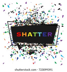 Vector colorful glass explosion isolated on white background. Many black, red, blue, green sharp pieces randomly flying in the air. Vector frame, glass explosion concept. Confetti pieces on white