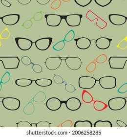 Vector colorful glasses accessories seamless pattern with black background. Great for eyewear themed fabric, wallpaper, packaging.