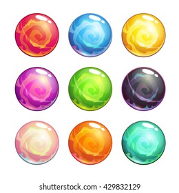 Vector colorful glassy magic balls set, isolated on white background, cartoon fantasy game assets